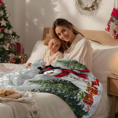Snowman Merry Christmas Throw Blanket, Gray Winter Super Soft Warm Flannel Blankets for Bed Couch Sofa Socks Presents Xmas Tree Lightweight Fluffy Plush Bed Throws 50x60 Inch - color: Green Gray Red, size: 50''x60''