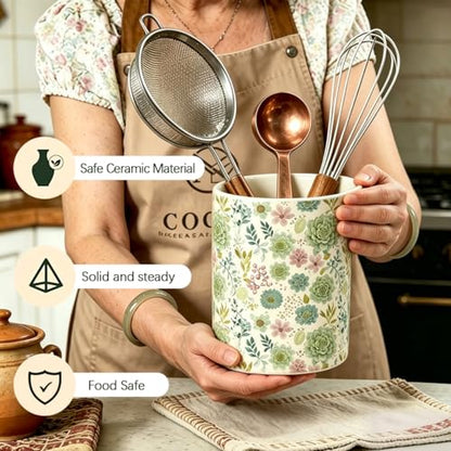 Succulent Floral Kitchen Utensil Holder, Summer Ceramic Utensil Holder , Cooking Utensil Crocks for Kitchen Countertop, Kitchen Decorations Rustic Farmhouse Decor