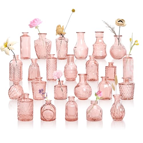Vintage Pink Small Glass Vase Set of 24, Cute Bud Vases for Centerpiece Table Decorations, Boho Mini Vases for Flowers, Pink Clear Vase Bulk for Wedding Party Decor, Birthday, Baby Shower - color: Pink, size: Set of 24 Vases