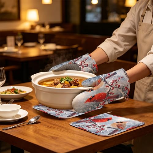 Winter Cardinal Bird Oven Mitts and Pot Holders Sets Silicone Kitchen Mitts Potholders Heat Resistant 4Pcs Oven Gloves Hot Pads for Kitchen Baking Cooking - color: Winter Cardinal Bird