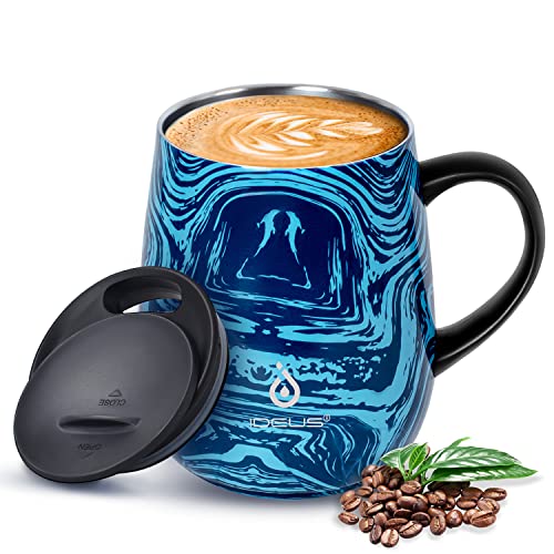 Ideus 16 oz Insulated Coffee Mug with Handle and Lid, Double Wall Stainless Steel Vacuum Thermal Coffee Mug, Travel Coffee Cup Thermal Cup for Home and Office (Blue Zebra, FUJI DAWN) - color: Blue Zebra