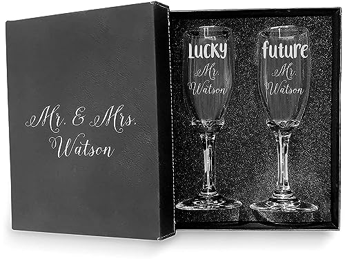 Engraved Set of 2 Glasses with Box, Future Mrs and Lucky Mr. engraved Customized Wedding Toast, Champagne Flute Set, Wedding Toasting Glasses - color: Wedding-14, style: Glasses + Gift Box