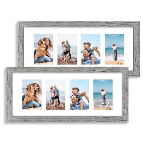 Hongkee 8x20 Picture Frame Set of 2, Rustic Gray Wood Frame with Tempered Glass Collage Frame, Display Pictures Four 4x6 With Mat or 8 x 20 Without Mat - Horizontal or Vertical Wall Mounting - color: Grey, size: 8x20 in matted to 4-4x6