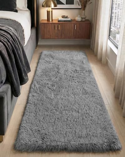 DEXI Runner Rugs for Hallway 2x6, Non Slip Bedside Rug for Bedroom, Grey | Machine Washable, High Pile, Non-Shedding, Soft Thick Fluffy Carpet for Living Room, Bathroom, Playroom, Dorm and Nursery - color: Grey, size: 2' x 6' (Rectangular)