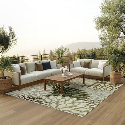 Nourison Home Aloha Tropical Indoor/Outdoor Ivory Green 6' x 9' Area Rug, Easy Cleaning, Non Shedding, Bed Room, Living Room, Dining Room, Backyard, Deck, Patio (6x9) - color: Ivory Green, size: 6' x 9' (Rectangular)