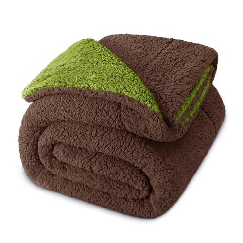 Exclusivo Mezcla Reversible Sherpa Fleece Blanket Twin Size, 60x80 Inches | Soft Plush Cozy Bed Blankets for Sofa, Couch, Fluffy Decorative Thick Throws for Living Room, Coffee/ Olive Green - color: Coffee/ Olive Green, size: Twin ( 60x80 IN )
