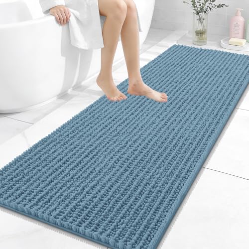 OLANLY Bathroom Runner Rugs 59x24, Thick Soft Absorbent Chenille Bath Rugs | Airy Blue, Quick-Drying Rubber Backing, Long Shaggy Bath Mat, Washable for Floor, Tub and Shower, Home Decor Accessories - color: Airy Blue, size: 59" x 24"