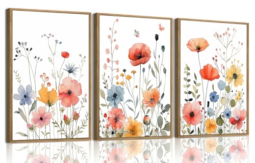 KISSFOX Colorful Wildflower Canvas Wall Art Set Of 3 Flowers Pictures Prints Flowers Printing Floral Watercolors Flower wall Decor Living Room Girls Bedroom Bathroom (White, 12"x16" Natural Framed, Framed) - color: White, size: 12x16 In Natural Framed