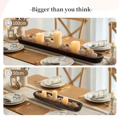 Hanobe 39" Large Wood Decorative Dough Bowl for Dining Table Centerpiece | Extra Long Brown, Farmhouse Style, Wooden Catch All Key Tray for Kitchen Counter, Coffee Table, Entryway Decor