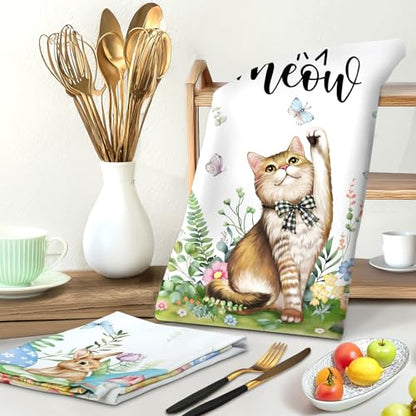 Cute Cat Tea Towels, 100% Cotton Kitchen Towels, Set of 2 | 18.9 x 27.5 in / 48 x 70 cm, Lightweight Woven Dish Cloth, Cat Lover Gifts, Kitchen Decor, Housewarming Gift - color: Cat
