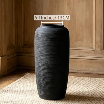 Black Rustic Ceramic Floor Vase, 15.7 Inch, Ribbed Texture | Living Room, Entryway, Fireplace, Pampas Grass, Dried Branches - size: 15.7 Inch