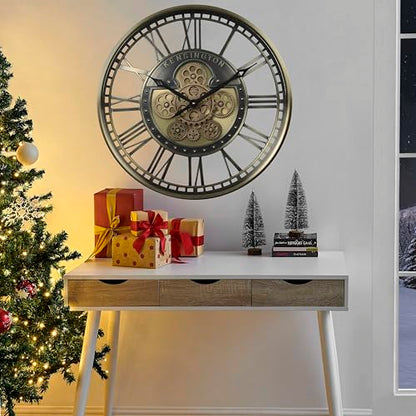 21" Metal Roman Numeral Wall Clock with Moving Gears, Gold | SIilent Non Ticking, Aluminum Dial, Unique Modern Wall Clocks for Living Room, Dinning Room, Entryway & Home Office - color: Roman Brass Gold, size: 21"