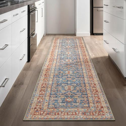 GLN Rugs Bohemian - Jerusalem - Machine Washable Runner Rug, Boho Washable, Non Slip, Low Pile Chenille Area Rug, Hallway, Bedroom, Kitchen Rug - Easy Clean (2'6" x 10' Terra/Slate Blue) - color: Terra/Slate Blue, size: 2'6" x 10' (Runner)
