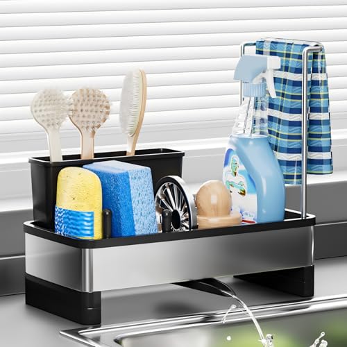 Ewaiira Stainless Steel Sink Caddy, Sponge Holder for Kitchen Sink 9.8″ | with Brush Holder and Towel Rack, Sink Organizer for Countertop, Soap Kitchen Organizers Storage Essentials, Black - color: A-black