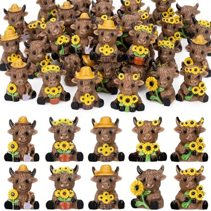 Yaomiao 60 Pcs Mini Highland Cow Figurines Resin Sunflower Highland Cow Figurines Cute Miniature Resin Gift Statue Decorations for Office Garden Desk Tabletop Festive Party Home Kitchen Tiered Tray - style: Sunflower