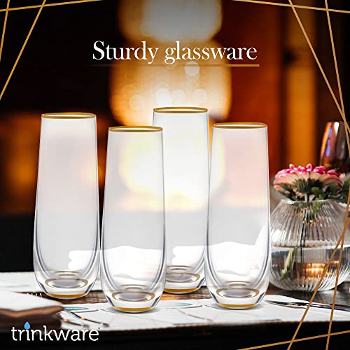 Stemless Champagne Flute Glass Set Of 4 With Gold Rim And Base - Mimosa Glass - Perfect For Bridesmaid Champagne Flute Or Dailyware - Set Of 4 Champagne Flutes Without Stems by Trinkware