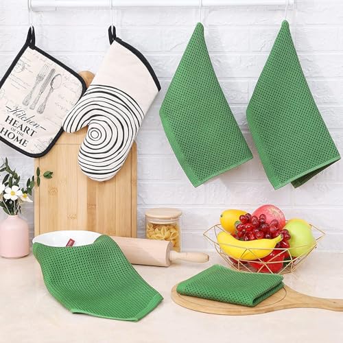 100% Cotton Waffle Weave Kitchen Dish Cloths, 6 Pack Ultra Soft Absorbent, Quick Drying Dish Towels, 6x6 Inches, Dish Rags for Drying Dishes & Daily Kitchen Use (Green) - color: Green