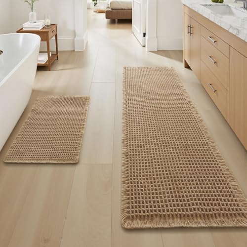 Upgraded Waffle Bath Mat Set of 2, Super Absorbent Non Slip Bath Mats for Bathroom Floor, Machine Washable Boho Bathroom Rugs Set 2 Piece with Tassels, Soft Bathroom Mat Set, 17" x 24" Plus 17" x 48" - color: Brown, size: 17" x 24" +17" x 48"