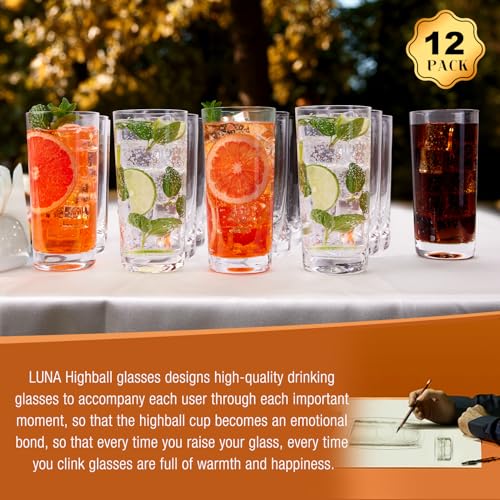 Drinking Water Glass Cups Set,Crystal Highball Glasses cups set of 12,16oz | Wide Mouth Design Tall Glassware for Cocktail Parties, Family Dinners - style: Modern