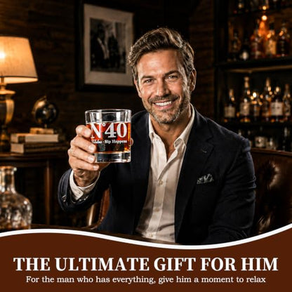 40th Birthday Gifts for Men, Vintage Whiskey Glass Set with Granite Stones | 40th Birthday Party Supplies Gifts for Him, Dad, Husband, "N°40 Fabulous Sip Happens" Scotch Glass, Pipette, Tongs&Wooden Box - style: 40th Mens Gifts