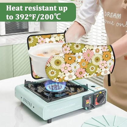 Retro 70s Style Flower Oven Mitts and Pot Holders Set 4 Pcs Extra Long Heat Resistant Gloves Potholder for Baking, BBQ, Grilling - color: Retro 70s Style Flower