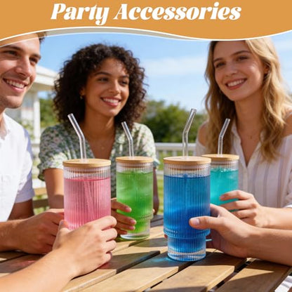 4 Pcs 15 Oz Glass Cups With Bamboo Lid And Straw, Clear Vintage Ribbed Drinking Glass Tumbler, Iced Coffee Cups For Juice, Cocktail, Beer, and Water