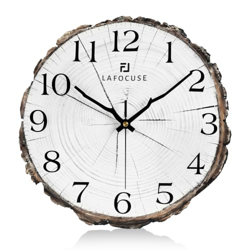 Lafocuse 12 Inch White Wooden Rustic Wall Clock for Kitchen Living Room | Annual Ring Tree Stump Design, Battery Operated, Silent Non Ticking, Durable Thickened Dial, Vintage Farmhouse Home Decor - color: White