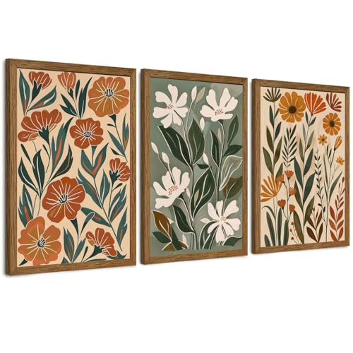 Urmoya 3 Pieces Boho Floral Decor Flower Market Wall Art, 20x30 Inch | Wood framed, Chic green and beige botanical trio, Ready to hang, for living room, Office, or guest bedroom home decor - color: Jasmine, size: 30"L x 20"W