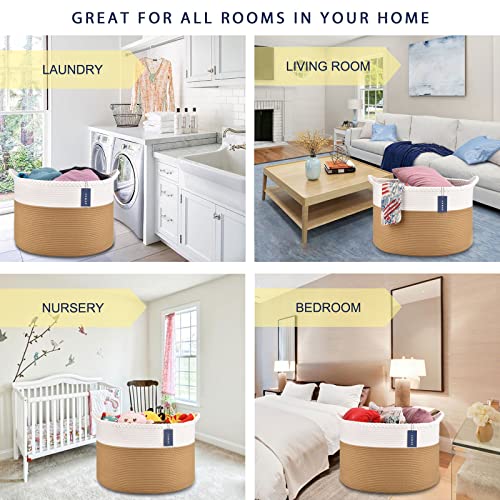 COMSE XXXLarge Woven Blanket & Laundry Basket, 87L, White & Camel | 21.7" x 13.8", Cotton Rope, Nursery Hamper for Storage of Toys Clothes Towels, Ideal for Living Room Bedroom Bathroom - color: White & Camel