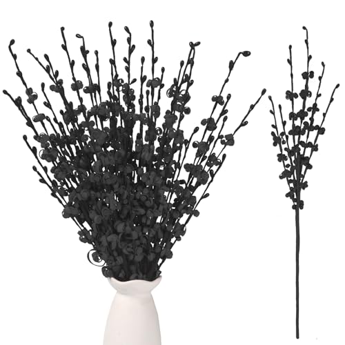 10Pcs 17.5" Black Artificial Jasmine Flowers Stem for Vase DIY Wreath Decor | Faux Jasmine Flower Bouquet Pussy Willow Branches Vase Filler Halloween Home Wedding Table Centerpieces Decor - color: Black, size: 10pcs-17.5''