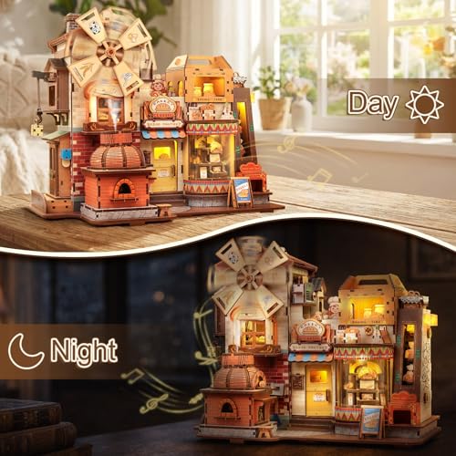 Fsolis 3D Wooden Puzzles for Adults - Mechanical Bread Factory Building Kit | Rotating Miniature House Kit with Music & Lights & Steam Effect, 572pcs, Gifts for Experienced Builders Model Project Lovers - style: Bread Factory