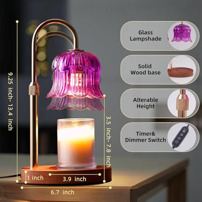 Candle Warmer Lamp with Timer: Dimmable Candle Warmer Lamps Height Adjustable Purple Flower Candle Lights - color: Purple