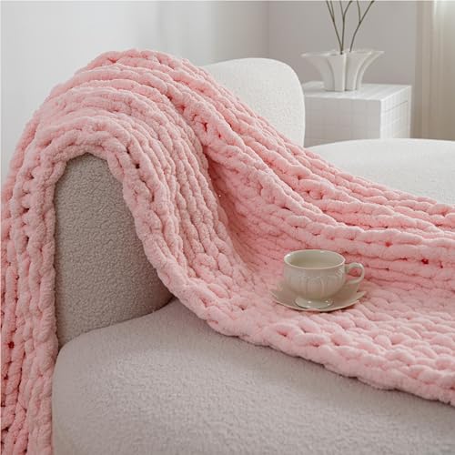 Chunky Knit Blanket Throw 51"×63" for Couch Pink | 100% Handmade Knitted Throw Blanket Fluffy Soft Blanket with Jumbo Chenille Yarn Thick - color: Pink, size: 50"*60"