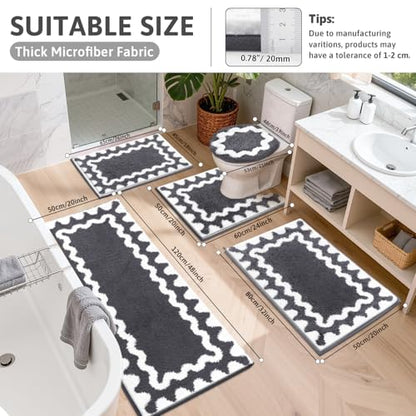 Findosom Bathroom Rugs Sets 5 Piece, Absorbent Soft Non-Slip Bath Rug Set | Washable Microfiber Shaggy Bath Mat Set with Bathroom Runner Rug, U-Shaped Toilet Rugs, Shower Rug&Toilet Lid Cover,Dark Gray - color: Dark Gray & White, size: 18"x26"+20"x32"+20"