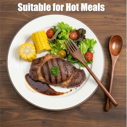 16 Pcs 9" Wooden Spoons Forks Set, Wood Dinner Utensil Set for Eating, Kitchen Reusable Flatware Tableware, Natural Cutlery Include 8 Spoons and 8 Forks, for Cooking Home Restaurant, Brown