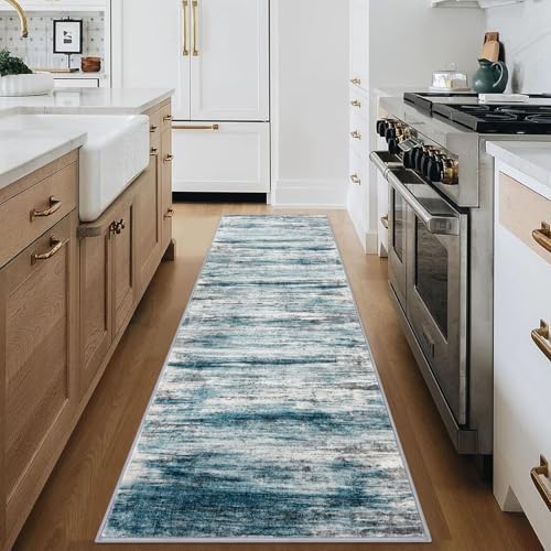 KOZYFLY Modern Abstract Hallway Runner Rug, 2.6x8 Washable Rug Runner Non-Slip Soft Striped Kitchen Runner Rugs, Print Light Blue Carpet Runner for Entryway Bathroom Laundry Room Foyer - color: Blue, size: 2'8" x 8' (Runner)