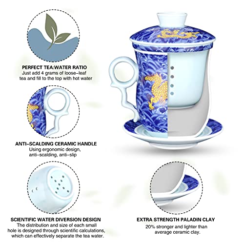 Chinese Tea Cup with Lid, Infuser and Saucer, Blue, 11.8 fl oz (350ml) | 3-in-1 Jingdezhen ceramic tea cup with removable infuser, lid and saucer, ideal for tea at home, the office or as a gift - color: Blue