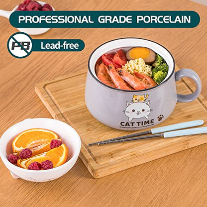 Ramen Bowl Set with Chopsticks, Cute Cat Instant Ramen Noodle Bowls with Lid, 34.5 OZ Extra Large Ceramic Soup Bowls with Handle, Japanese Ramen Cooker, Microwave safe (Gray) - color: Gray