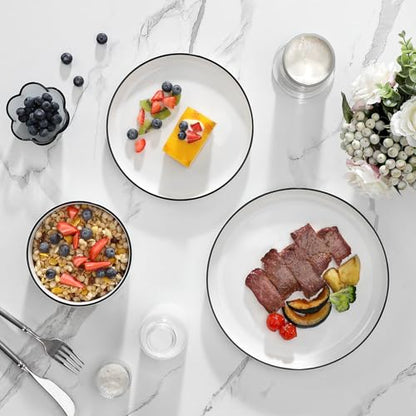 MALACASA Plates and Bowls Sets, 24 Pieces Modern Porcelain Dinnerware Set for 8 White Kitchen Dinner Dining Ware Set wtih Black Rim Ceramic Dishware Dishes Microwave and Dishwasher Safe, Series LUNA | Modern Ceramic Dishware Set,Kitchen Dining Ware,Microw