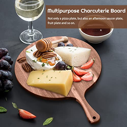 2 Pcs Round Wood Cutting Board Pizza Charcuterie Boards 16" x 12" Acacia Serving Board Wooden Peel Cheese Paddle with Handle Kitchen Gift for Home Food Baking Cheese Fruits Vegetables Bread