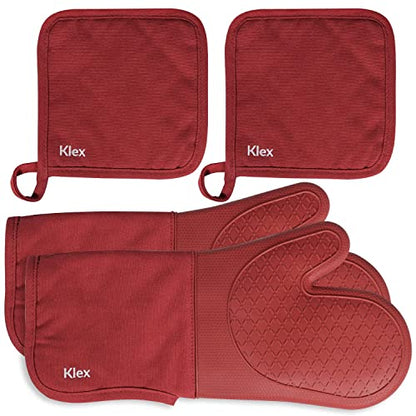 Klex Extra Long Silicone Oven Mitts and Pot Holders, 932°F Degrees Heat Resistance with Quilted Liner Oven Gloves and Hot Pads, 4 Piece Set, 15 inch, Red