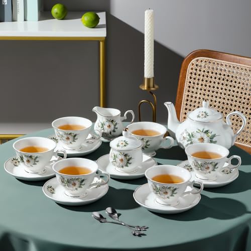 CHENP.HMC Porcelain Tea Cup Set 22-Piece Ceramic Coffee Tea Sets (Camellia) | Cups Saucer Service for 6 Teapot Sugar Bowl Creamer Pitcher and Teaspoons Tea Pot Sets - color: White Green