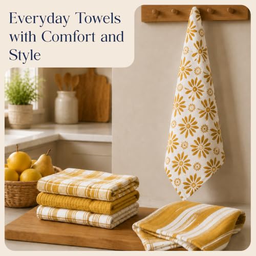 CLOUDLOOM Cotton Assorted Yellow Kitchen Towels with Loop, Set of 5, 16"x26" - color: Mustard Yellow