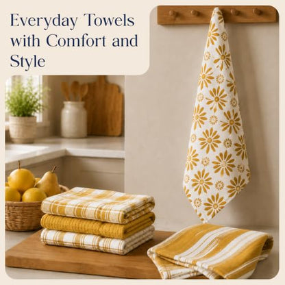CLOUDLOOM Cotton Assorted Yellow Kitchen Towels with Loop, Set of 5, 16"x26" - color: Mustard Yellow