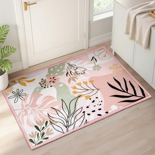 Joiedomi Door Mat Indoor Entrance 2x3 Machine Washable Art Floral Small Rugs for Entryway Non-Slip Rubber Backing Bath Mat Soft Area Rug Stain Resistant Waterproof Carpet for Bathroom Bedroom (Green) - color: 01 - Pink, size: 2'x3'