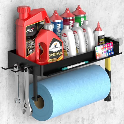 SUNTECH Garage Paper Towel Holder with Shelf, Wall-Mount (Black) | Fits 12 in Rolls, One-Hand Tear Design, Sturdy Iron, Holds Phones/Tablets, Includes 2 Detachable Hooks, for Garage, Tool Room - color: Black, size: 12.8-inch
