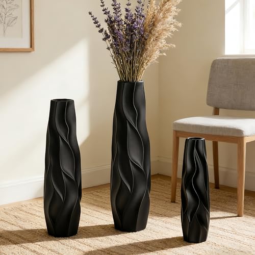 Black Tall Ceramic Floor Vase, 24 Inch, Pleated Wave Design | Matte Finish, Living Room, Fireplace, Entryway, Pampas Grass - size: 24 Inch
