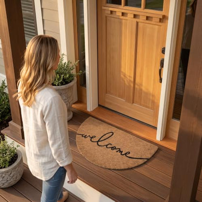 Half-Moon Welcome Doormat | 100% Natural Coir | Modern Script, Anti-Slip Backing | Semicircle Outdoor Front Door Mat - color: Warm Greeting - Arc