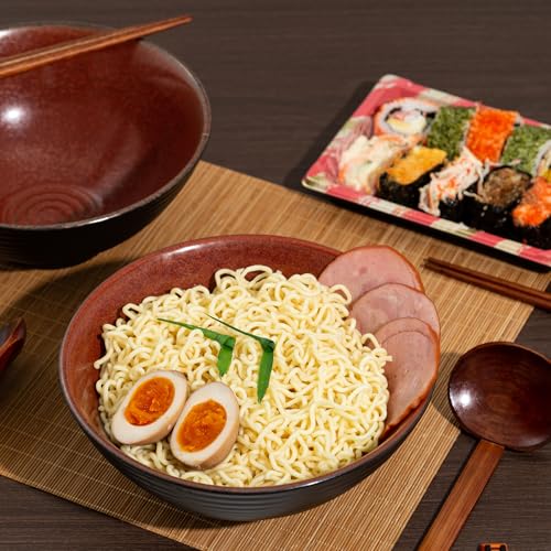 8 Inch Ceramic Ramen Bowl Set of 2, 40oz Japanese Bowls with Spoons & Chopsticks,Durable,Microwave & Dishwasher Safe,Perfect for Ramen,Pho,Salad,Soup,Noodles，Mixing bowls（Carnelian） - color: Carnelian