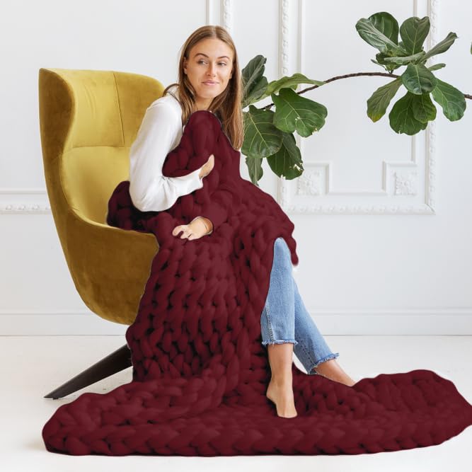 Chunky Knit Blanket (50 x 60 Inches) Warm Soft Cozy for Lounge Sofa & Bedroom, Handmade Knitted Yarn Throw Blanket (Red Wine, 1) - color: Red Wine